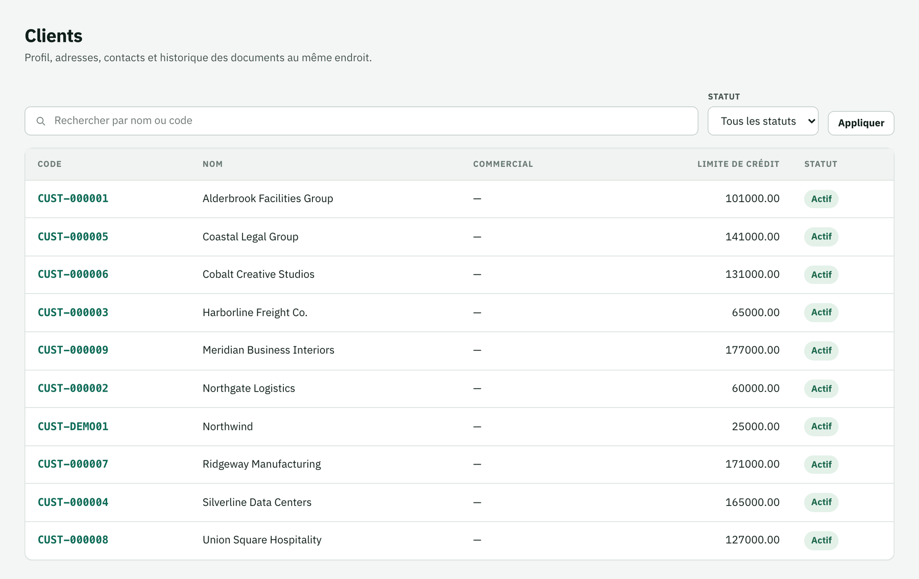 Liste des clients du CRM