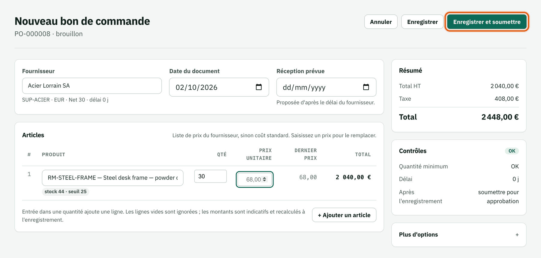 Saisie de commande chez Acier Lorrain SA, 30 piètements de bureau en acier à 68,00, panneaux résumé et contrôles
